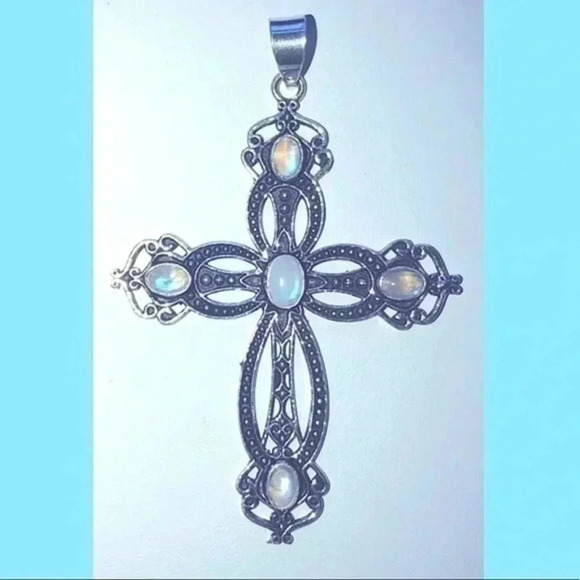 Rainbow Moonstone 925 Silver Cross Pendant NWT - Picture 1 of 4